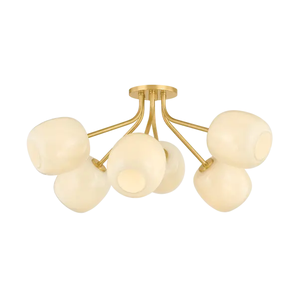 The Lisette Semi Flush transforms geometric simplicity into expressive art with its staggered 6-light arrangement. Shiny cream opal glass shades with delicate fluted edges create a bouquet-like composition, while Aged Brass finish adds warmth and sophistication to any interior.