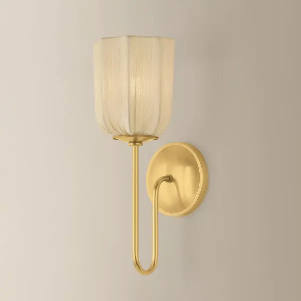The Samantha Wall Sconce brings Art Nouveau-inspired curves and vintage decadence to your walls. Featuring swooping metalwork with a soft cotton shade, this sconce creates ambient lighting with sculptural beauty in warm Aged Brass. - alternate view