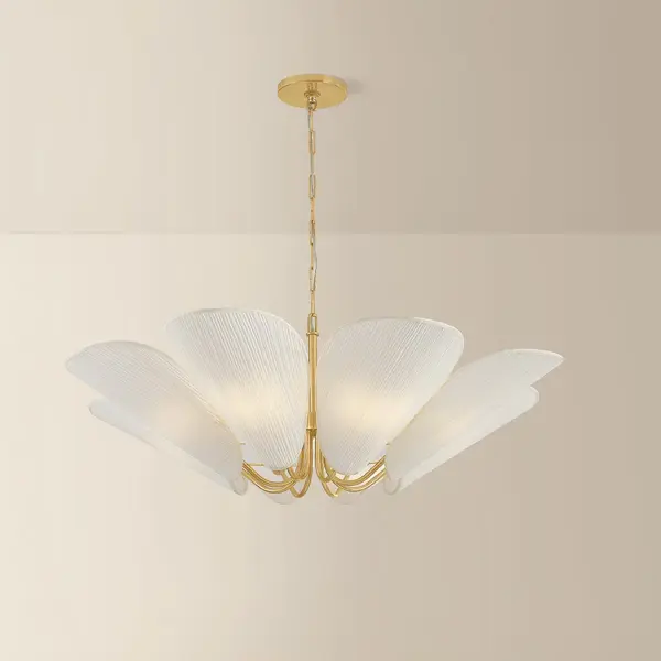 The Winifred chandelier brings natural beauty indoors with eight upturned linen shades that create a soft, petal-like silhouette. The gathered off-white fabric diffuses light beautifully while the aged brass finish adds vintage warmth. - alternate view