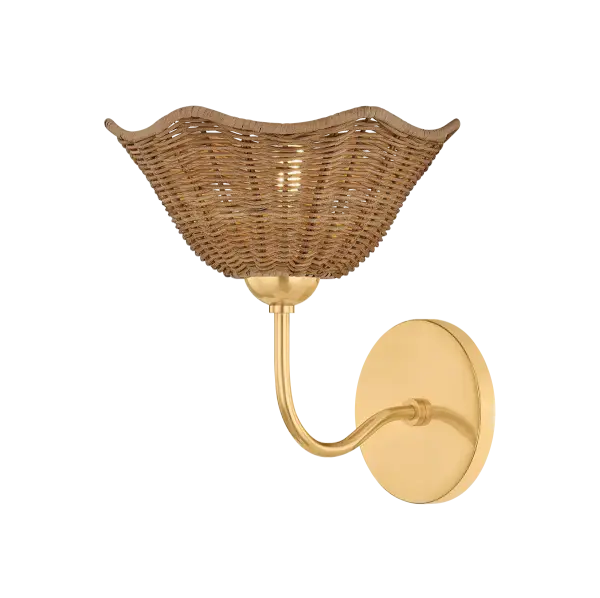 The Kehlani Wall Sconce brings organic texture and warmth through its handcrafted wicker shade and aged brass metalwork. Each piece is unique, offering an artisanal alternative to traditional wall lighting with coastal-inspired charm.