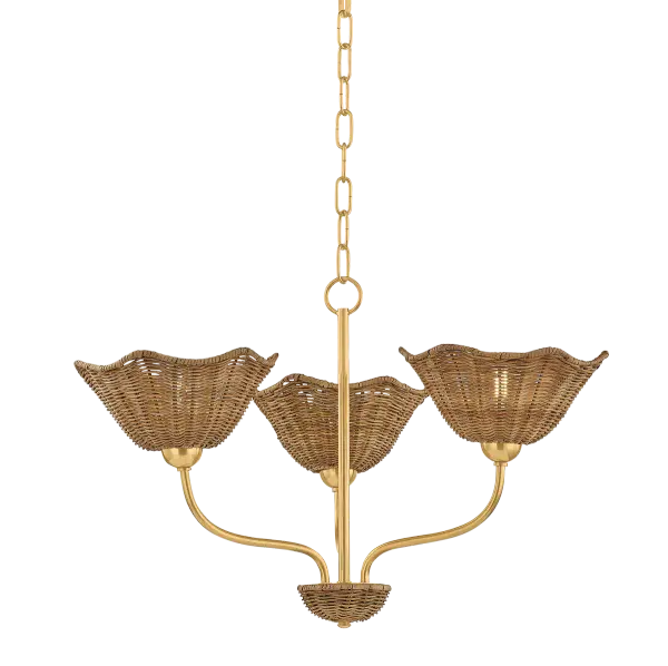 The Kehlani brings natural texture and warmth through handcrafted wicker shades paired with aged brass metalwork. Its floral-inspired design offers an artisanal alternative to traditional chandeliers, perfect for spaces seeking organic elegance.