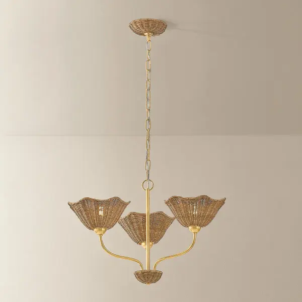 The Kehlani brings natural texture and warmth through handcrafted wicker shades paired with aged brass metalwork. Its floral-inspired design offers an artisanal alternative to traditional chandeliers, perfect for spaces seeking organic elegance. - alternate view