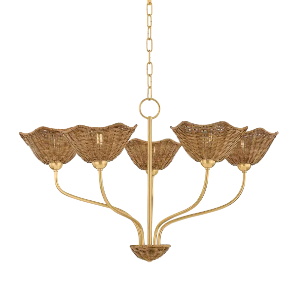 The Kehlani brings natural texture and artisanal craftsmanship to any space with its hand-woven wicker shades and aged brass accents. Each floral-shaped shade creates warm, filtered light perfect for casual dining or coastal-inspired interiors.