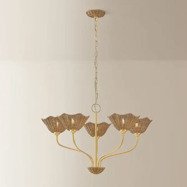 The Kehlani brings natural texture and artisanal craftsmanship to any space with its hand-woven wicker shades and aged brass accents. Each floral-shaped shade creates warm, filtered light perfect for casual dining or coastal-inspired interiors. - alternate view