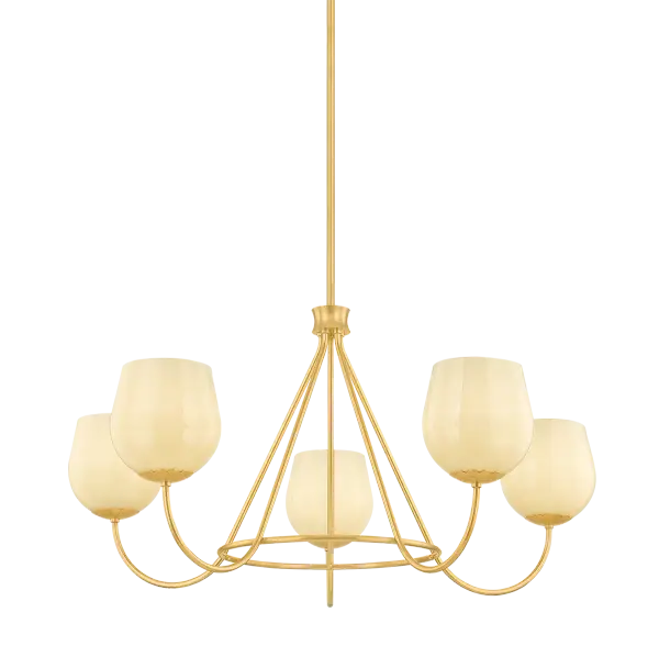 The Genevieve Chandelier enchants with its botanical-inspired design, featuring five gracefully unfurling arms topped with rosebud-shaped Cream Opal glass shades. The Aged Brass finish and scalloped fitter details evoke timeless Italian craftsmanship.