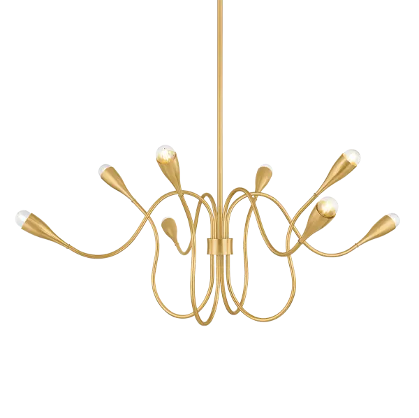 The Anaise chandelier captures the essence of mid-century Stilnovo design with graceful, calligraphic arms that extend expressively across two tiers. Its flared socket cups hold exposed bulbs like flower buds, creating a nature-inspired aesthetic that brings kinetic energy and warmth to any space.