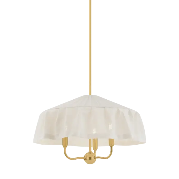 The Shivonne Chandelier blends modernist design with soft materiality, featuring an ivory linen shade that drapes elegantly around a candle cluster. Aged Brass finish adds vintage character while maintaining contemporary appeal.