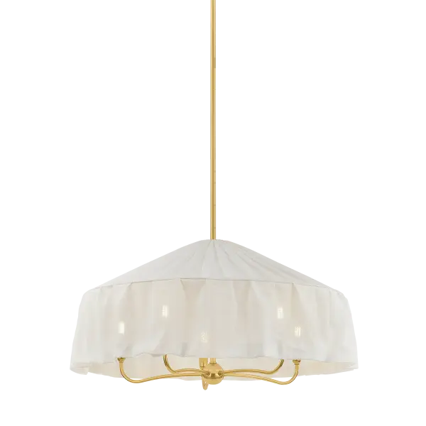 The Shivonne Chandelier blends modernist design with soft materiality, featuring an ivory linen shade that drapes elegantly around a candle cluster. Aged Brass finish adds vintage warmth while maintaining contemporary appeal.