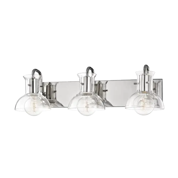 The Riley Bath and Vanity Light combines classic elegance with contemporary styling. Its polished nickel finish and clean lines make it versatile for various bathroom designs, from traditional to modern aesthetics.