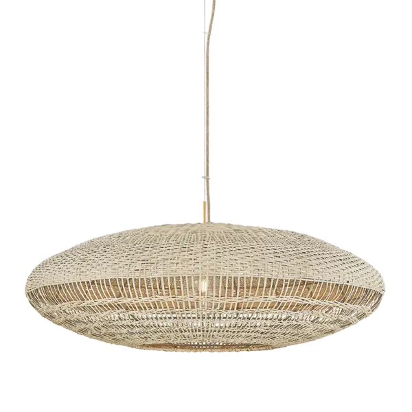 The Erin pendant celebrates the craftsmanship behind a handwoven basket. Suspended from coordinating jute cord, a large oblong natural rattan shade transitions from a tight weave at the top to more loose open layers that allow more direct illumination. Finished with Aged Brass hardware and available in two sizes, this coastal pendant balances its measured construction with contemporary ease. Part of our Hilary Matt x Mitzi Tastemakers collection. Due to the one-of-a-kind nature of the medium, exact colors and patterns may vary slightly from the image shown. Collection: Erin Designer: Hilary Matt Finish: Aged Brass Glass: Vintage Natural Wicker Width: 40.00" Height: 16.25" Weight: 14.11 lb Wire: 120" Jute Canopy: 4.75"x3.25" Number of Bulbs: 1 Maximum Wattage: 25.00 W Bulb Type: G40 Bulb Base: E26 Medium Voltage: 120.00 V Material: Natural Woven Country of Origin: VN Safety Listing: UL/cUL Safety Rating: Damp Manufacturer Warranty: 1 Year Limited Manufacturer Spec Sheet Instructions