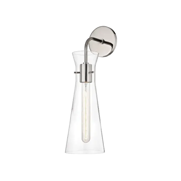The Anya Wall Sconce offers versatile wall-mounted lighting with a polished nickel finish. Ideal for bathrooms, hallways, and bedrooms, this fixture provides functional illumination with a refined aesthetic.