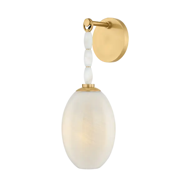 The Yolanda Wall Sconce transforms any wall into a statement piece with its delicate etched glass shade suspended from a strand of natural alabaster beads. The cloud-etched glass creates a soft, milky glow while the Aged Brass finish adds timeless sophistication.