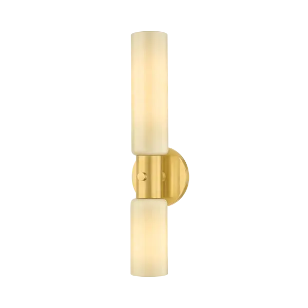 The Violetta wall sconce delivers refined elegance through its stacked cream opal glass shades and slim Aged Brass accent. Perfect for modern bathrooms and hallways seeking understated sophistication with warm ambient lighting.