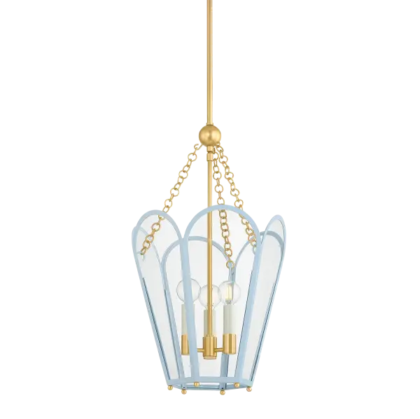 The Clarisse Lantern reimagines traditional lantern styling with a hexagonal frame, arched glass panels, and a sophisticated mix of Aged Brass and Arctic Ocean finishes. Perfect for adding festive elegance to entryways and dining spaces.