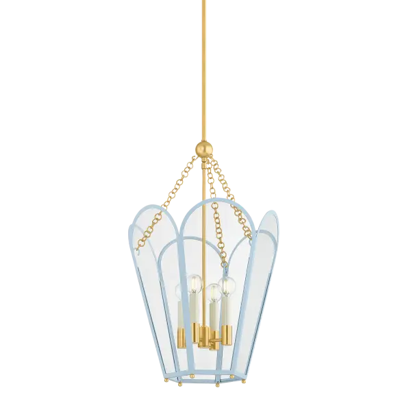 The Clarisse Lantern reimagines traditional lantern styling with a hexagonal frame, arched glass panels, and a festive mix of Aged Brass with Soft Bisque and Arctic Ocean finishes. Perfect for adding romantic elegance to entryways and dining spaces.