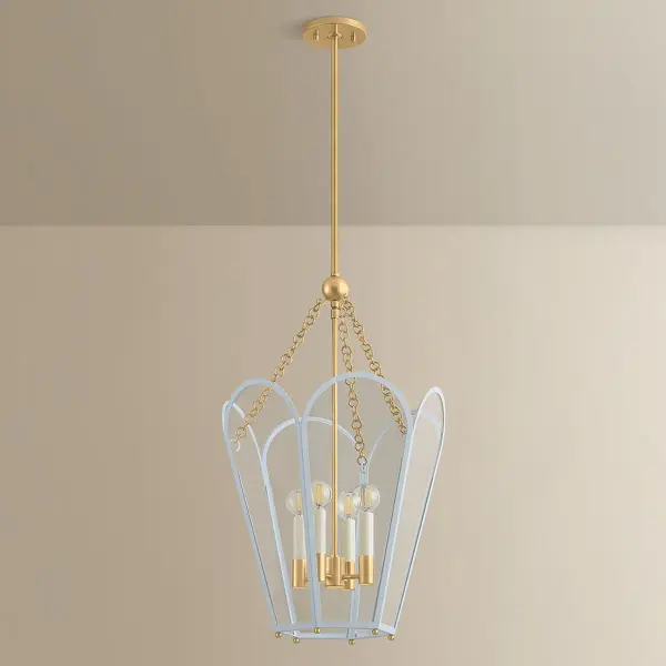 The Clarisse Lantern reimagines traditional lantern styling with a hexagonal frame, arched glass panels, and a festive mix of Aged Brass with Soft Bisque and Arctic Ocean finishes. Perfect for adding romantic elegance to entryways and dining spaces. - alternate view