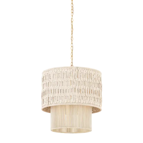 The Lisbeta chandelier transforms natural cotton cord into sculptural art. Its circular knot pattern creates visual rhythm while vertical strands add textural depth. Perfect for spaces seeking warmth and personality.