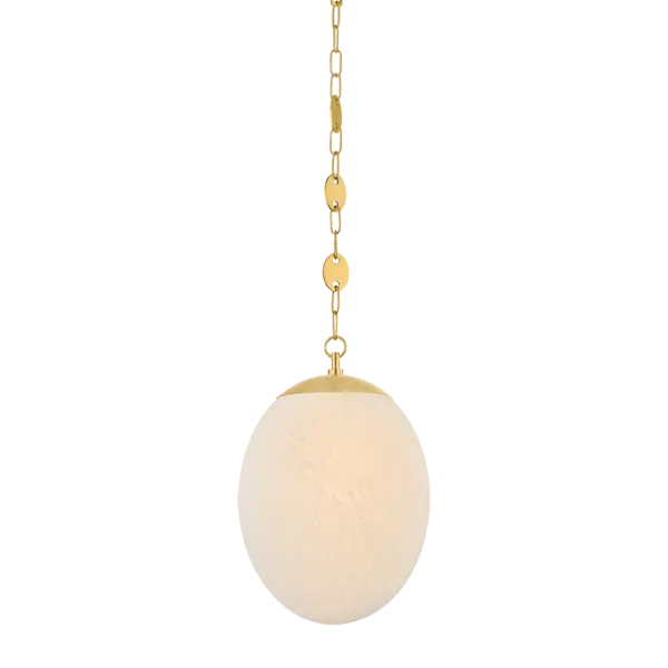 A specialty suspension and organic shaping elevate the Nell pendant into jewelry for the ceiling. Finished in Aged Brass, the chain's delicate discs alternate with classic loops as they guide the eye to an elongated etched cloud glass globe. Available in two sizes, this single-light fixture lends itself beautifully to repetition, whether aligned along an island or gathered in a cluster to form an artful installation. Part of our Hilary Matt x Mitzi Tastemakers collection. Collection: Nell Designer: Hilary Matt Finish: Aged Brass Glass: Matte Cloud Width: 12.00" Height: 18.50" Weight: 6.38 lb Chain: 54" Canopy: 4.75"x0.50" Number of Bulbs: 1 Maximum Wattage: 25.00 W Bulb Type: A21 Bulb Base: E26 Medium Voltage: 120.00 V Material: Steel Country of Origin: VN Safety Listing: UL/cUL Safety Rating: Damp Manufacturer Warranty: 1 Year Limited Manufacturer Spec Sheet Instructions
