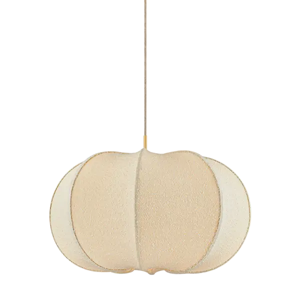 A feminine take on a voluminous, balloon-shade silhouette, the Alexandra family brings an extra dose of cozy comfort to contemporary interiors. As a pendant in two sizes and a floor lamp, it exemplifies designer Hilary Matt's philosophy of elevating simple forms with distinctive materials. Constructed of stretched ivory boucle fabric, the faceted shades nod to mid-century minimalism with a tactile upgrade. Sleek Aged Brass stems complete each playful, yet sophisticated piece. Part of our Hilary Matt x Mitzi Tastemakers collection. Collection: Alexandra Designer: Hilary Matt Finish: Aged Brass Glass: Textured Linen Width: 30.00" Height: 20.00" Weight: 7.50 lb Wire: 120" Jute Canopy: 5.50"x0.50" Number of Bulbs: 1 Maximum Wattage: 25.00 W Bulb Type: A21 Bulb Base: E26 Medium Voltage: 120.00 V Material: Textile Country of Origin: VN Safety Listing: UL/cUL Safety Rating: Damp Manufacturer Warranty: 1 Year Limited Manufacturer Spec Sheet Instructions
