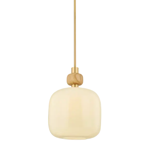 The charmingly modern Elise pendant elevates a minimalist silhouette with a memorable accent. Made of glossy white opal glass, the curved shade recalls a natural gemstone when lit, nodding to the idea of lighting as jewelry. A decorative oak bauble inspired by a bracelet adds a graphic detail to the fixture. Available in 12" and 15" sizes, Elise is finished with an Aged Brass stem. Part of our Hilary Matt x Mitzi Tastemakers collection. Collection: Elise Designer: Hilary Matt Finish: Aged Brass Glass: Opal Glossy Width: 15.50" Height: 21.25" Weight: 11.88 lb Rod: 1-3" / 1-6" / 1-12" / 1-18" Canopy: 6.00"x0.50" Number of Bulbs: 1 Maximum Wattage: 25.00 W Bulb Type: A21 Bulb Base: E26 Medium Voltage: 120.00 V Material: Steel Country of Origin: VN Safety Listing: UL/cUL Safety Rating: Damp Manufacturer Warranty: 1 Year Limited Manufacturer Spec Sheet Instructions