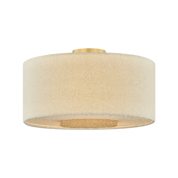 Leaning into cozy minimalism, the Miller family pairs warm neutrals with high textural contrasts. Accented by chiseled light beechwood and Aged Brass elements, the large ivory boucle drum shades create a soft, voluminous statement overhead. Depending on the ceiling height, Miller is available as a flush mount, semi-flush mount, or pendant, bringing a sense of artful ease to living and dining spaces. Part of our Hilary Matt x Mitzi Tastemakers collection. Due to the one-of-a-kind nature of the medium, exact colors and patterns may vary slightly from the image shown. Collection: Miller Designer: Hilary Matt Finish: Aged Brass Glass: Textured Linen Width: 18.00" Height: 10.25" Weight: 5.07 lb Canopy: 4.75"x0.50" Number of Bulbs: 3 Maximum Wattage: 15.00 W Bulb Type: A19 Bulb Base: E26 Medium Voltage: 120.00 V Material: Textile Country of Origin: VN Safety Listing: UL/cUL Safety Rating: Damp Manufacturer Warranty: 1 Year Limited Manufacturer Spec Sheet Instructions