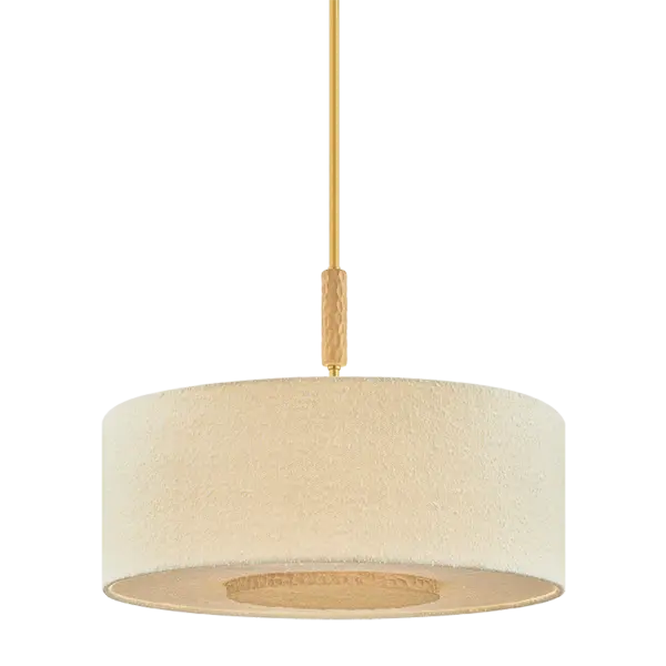 Leaning into cozy minimalism, the Miller family pairs warm neutrals with high textural contrasts. Accented by chiseled light beechwood and Aged Brass elements, the large ivory boucle drum shades create a soft, voluminous statement overhead. Depending on the ceiling height, Miller is available as a flush mount, semi-flush mount, or pendant, bringing a sense of artful ease to living and dining spaces. Part of our Hilary Matt x Mitzi Tastemakers collection. Due to the one-of-a-kind nature of the medium, exact colors and patterns may vary slightly from the image shown. Collection: Miller Designer: Hilary Matt Finish: Aged Brass Glass: Textured Linen Width: 28.00" Height: 19.50" Weight: 13.23 lb Rod: 1-3" / 1-6" / 1-12" / 1-18" Canopy: 6.00"x0.50" Number of Bulbs: 4 Maximum Wattage: 15.00 W Bulb Type: A19 Bulb Base: E26 Medium Voltage: 120.00 V Material: Textile Country of Origin: VN Safety Listing: UL/cUL Safety Rating: Damp Manufacturer Warranty: 1 Year Limited Manufacturer Spec Sheet Instructions
