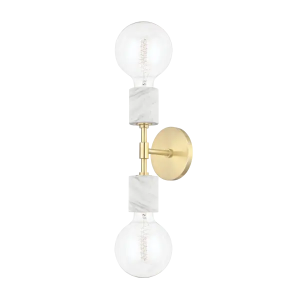 The Asime Wall Sconce combines polished metal arms with natural marble bulb bases for a sophisticated, contemporary look. Its exposed globe bulbs provide bright, clear illumination while the mixed materials add textural interest.
