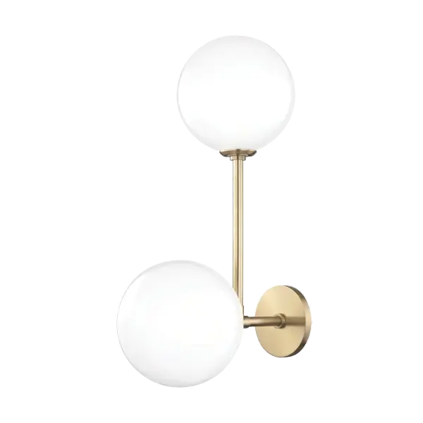 The Ashleigh Wall Sconce brings timeless mid-century design to contemporary spaces with its clean lines and distinctive etched glass globes. The aged brass finish adds warmth while the glossy shades provide beautiful diffused lighting. - alternate view