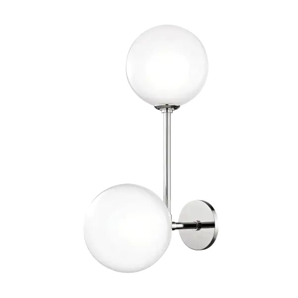 The Ashleigh Wall Sconce combines clean mid-century lines with distinctive etched glass globes for a refined, versatile look. Its polished nickel finish and glossy shades create beautiful ambient lighting perfect for bathrooms, hallways, and bedrooms.