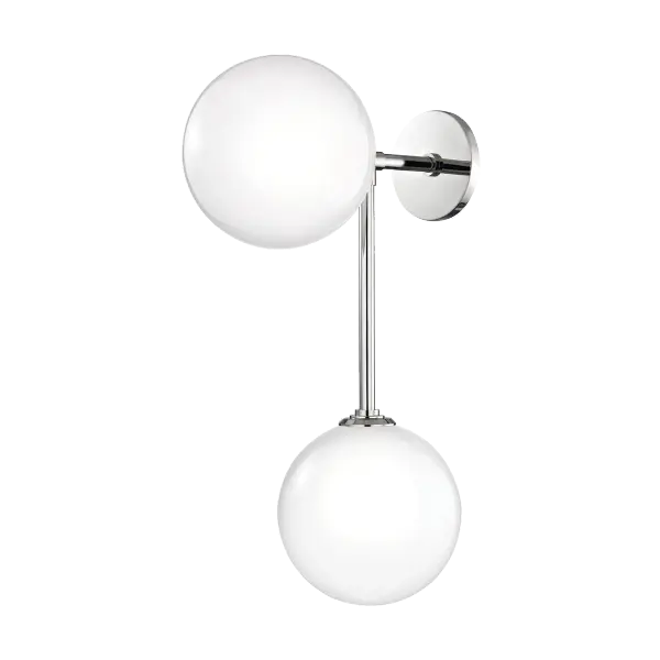 The Ashleigh Wall Sconce combines clean mid-century lines with distinctive etched glass globes for a refined, versatile look. Its polished nickel finish and glossy shades create beautiful ambient lighting perfect for bathrooms, hallways, and bedrooms. - alternate view