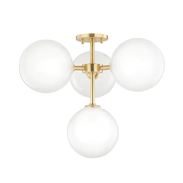 The Ashleigh Semi Flush combines clean mid-century lines with bubbly etched glass globes for a striking look. The aged brass finish adds warmth while the glossy etched shades diffuse light beautifully, creating a sophisticated glow.
