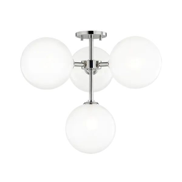 The Ashleigh Semi Flush combines clean mid-century lines with glossy etched glass globes for a sophisticated look. The polished nickel finish adds timeless appeal while the diffused lighting creates warm ambiance in compact spaces.