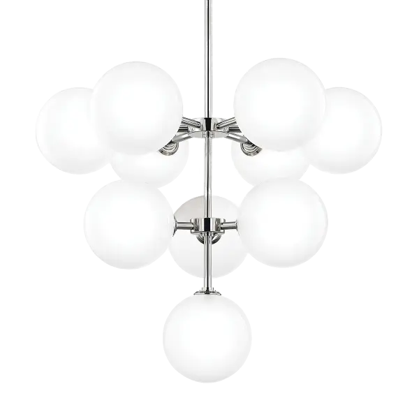 The Ashleigh Chandelier combines clean mid-century lines with playful globe shades in etched glass. Its polished nickel finish and glossy spheres create a striking focal point that bridges retro charm and contemporary style.