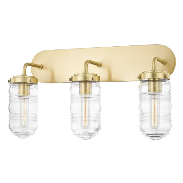 The Clara Bath and Vanity Light combines classic elegance with contemporary sensibility. Its gold finish and glass globes create a sophisticated focal point perfect for modern bathrooms seeking refined illumination.