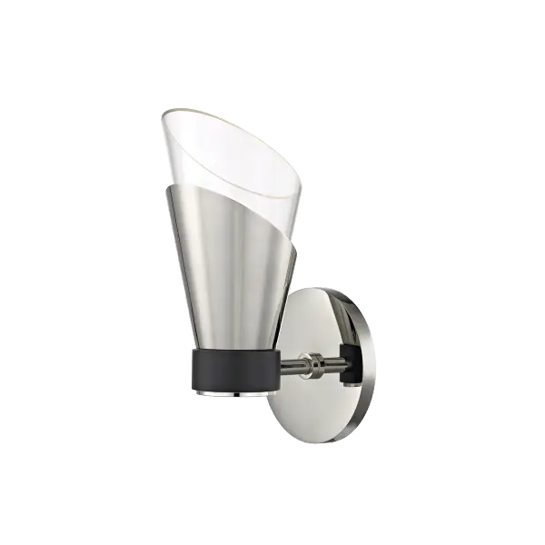 The Angie Wall Sconce brings fashion-forward design to your walls with its distinctive metal-wrapped asymmetrical glass shade and cinched waist detail. Available in polished nickel, this versatile fixture transitions seamlessly from modern to transitional spaces.