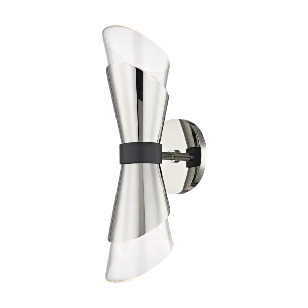 The Angie Wall Sconce brings high-fashion drama to your walls with its distinctive metal-wrapped asymmetrical glass shade and cinched waist detail. Available in polished nickel, this versatile fixture transitions seamlessly from modern to transitional spaces.