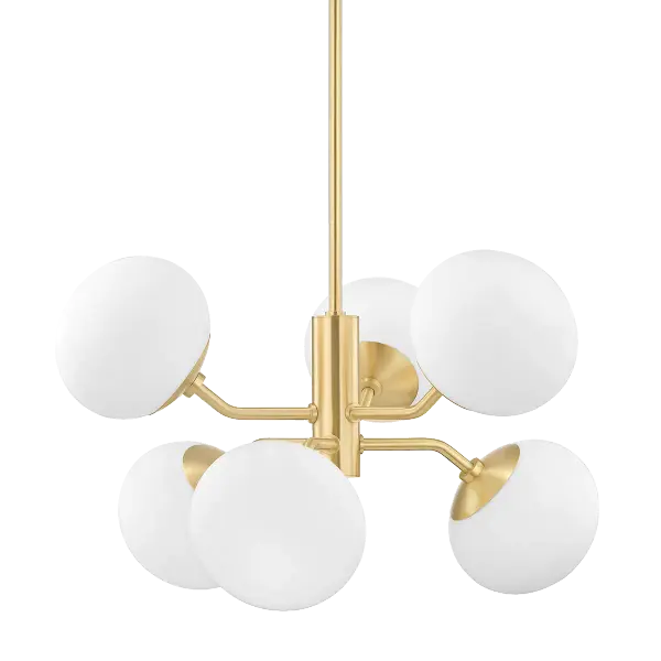 The Estee Chandelier reimagines the classic globe chandelier with unique oblong shades and aged brass finish. Its mid-century inspired design brings personality and modern flair to dining rooms and living spaces.