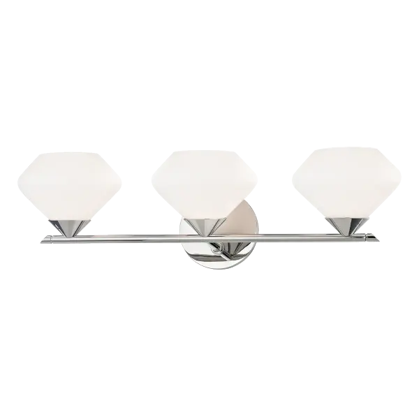 The Valerie Bath and Vanity Light combines classic elegance with contemporary styling. Its polished nickel finish and glass shades provide bright, even illumination perfect for bathroom grooming tasks.
