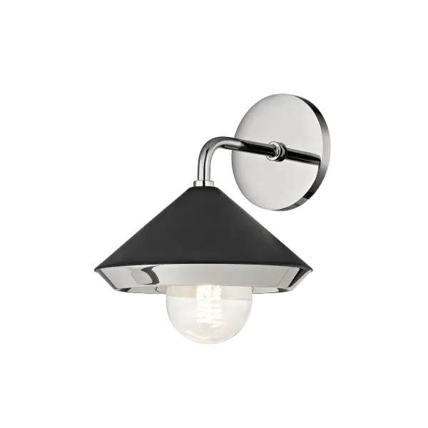 The Marnie Wall Sconce combines polished nickel and black finishes for a sophisticated two-tone look. Its compact design makes it ideal for bathrooms, hallways, and powder rooms where space is at a premium.