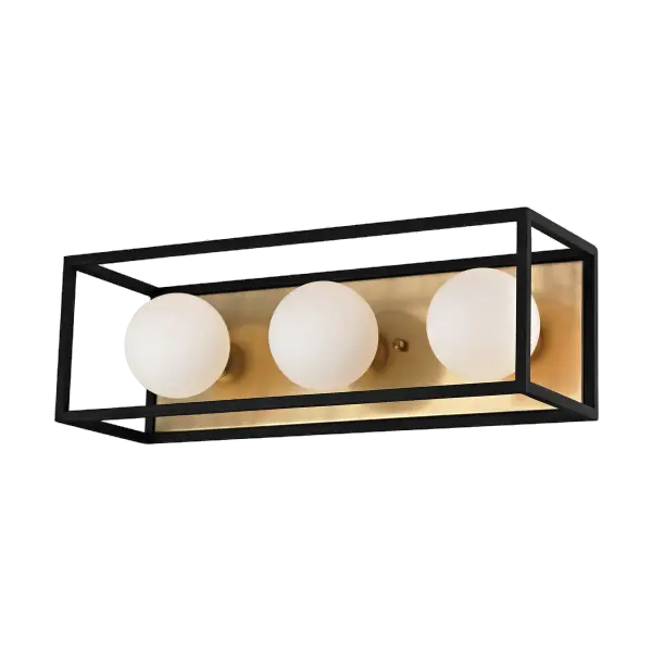 The Aira vanity light combines aged brass warmth with modern black accents for a sophisticated bathroom lighting solution. Its clean lines and quality construction make it ideal for contemporary and transitional spaces.