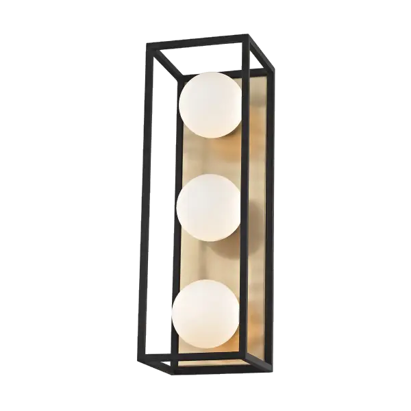 The Aira vanity light combines aged brass warmth with modern black accents for a sophisticated bathroom lighting solution. Its clean lines and quality construction make it ideal for contemporary and transitional spaces. - alternate view