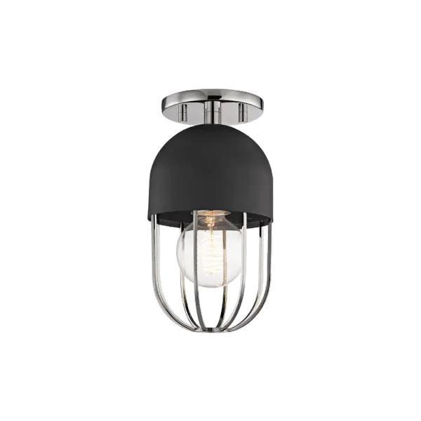 The Haley Semi Flush combines polished nickel and black finishes in a transitional design that works beautifully in smaller rooms. Its low-profile mounting makes it ideal for standard ceiling heights while delivering style.
