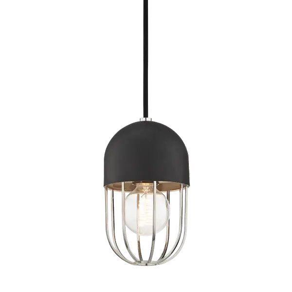 The Haley Pendant combines polished nickel and black finishes for a modern two-tone look that works in various settings. Its compact size makes it ideal for kitchen islands, dining areas, or as accent lighting.