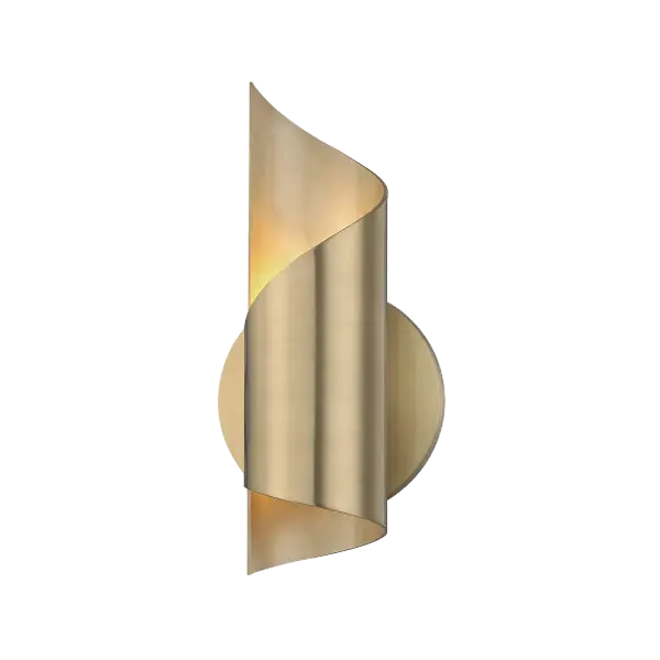 The Evie Wall Sconce features a tapered metal shade that curves around a single bulb, creating a soft, flame-like lighting effect. Its direct-mount design and warm Aged Brass finish make it ideal for intimate spaces.