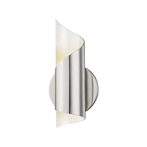 The Evie Wall Sconce features a curved metal shade that creates a distinctive flame-like lighting effect. Its clean, tapered design works beautifully in transitional and contemporary spaces, offering ambient illumination with visual interest.