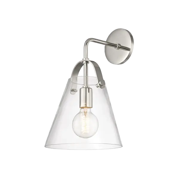 The Karin Wall Sconce combines transitional elegance with industrial charm through its distinctive metal strap design and clear glass bell shade. Perfect for bathrooms and hallways, it provides excellent illumination while adding sophisticated style.