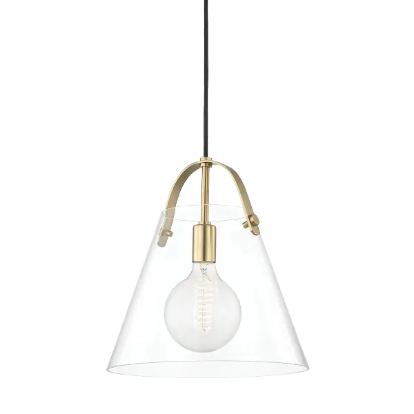 The Karin Pendant combines timeless bell-shaped design with an open-top construction and distinctive metal strap detail. Clear glass maximizes light output while aged brass finish adds warmth and character to any space.