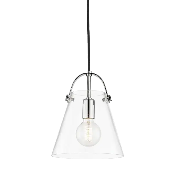 The Karin Pendant combines timeless bell-shaped design with modern industrial details. A distinctive metal strap arches over the open-top clear glass shade, creating visual interest while allowing maximum light output.