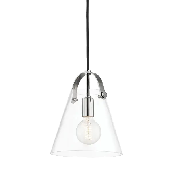 The Karin Pendant combines timeless bell-shaped design with modern industrial details. A distinctive metal strap arches over the open-top clear glass shade, creating visual interest while allowing maximum light output. - alternate view