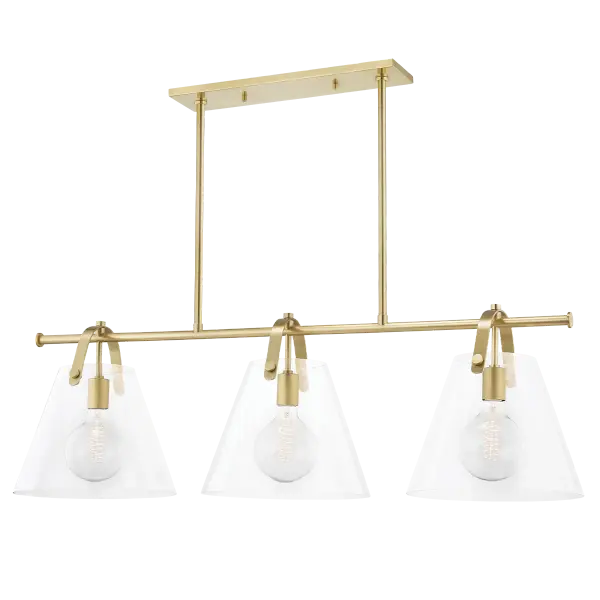 The Karin Linear combines classic bell-shaped glass shades with contemporary linear design. Metal straps arch gracefully over open-top clear glass, creating visual interest while maximizing light output. Perfect for dining spaces.